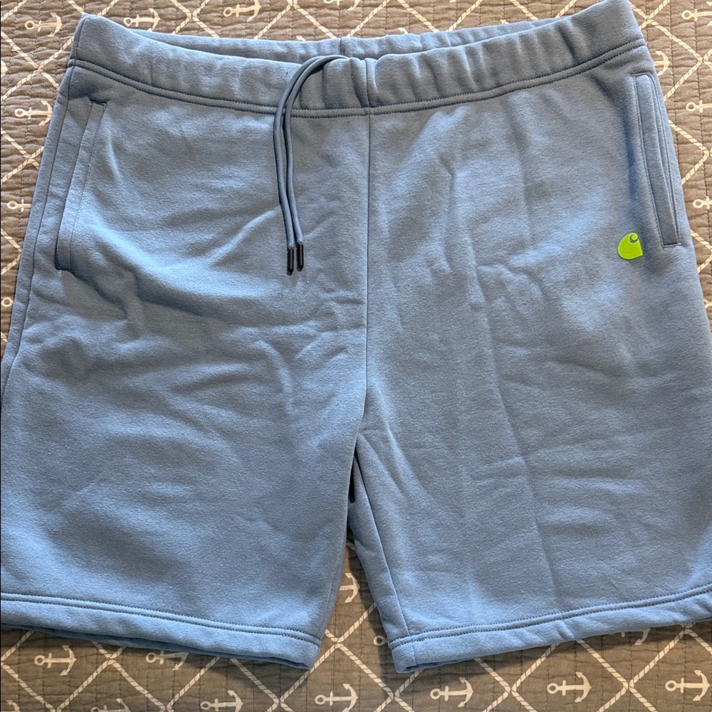 Carhartt Men's Light Blue Fleece Drawstring Shorts with Lime Logo